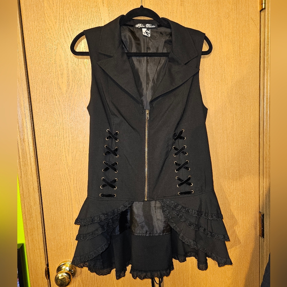 Spin Doctor Steampunk Gothic Lined Longline Waistcoat Maxi Vest Ribbon Lacing